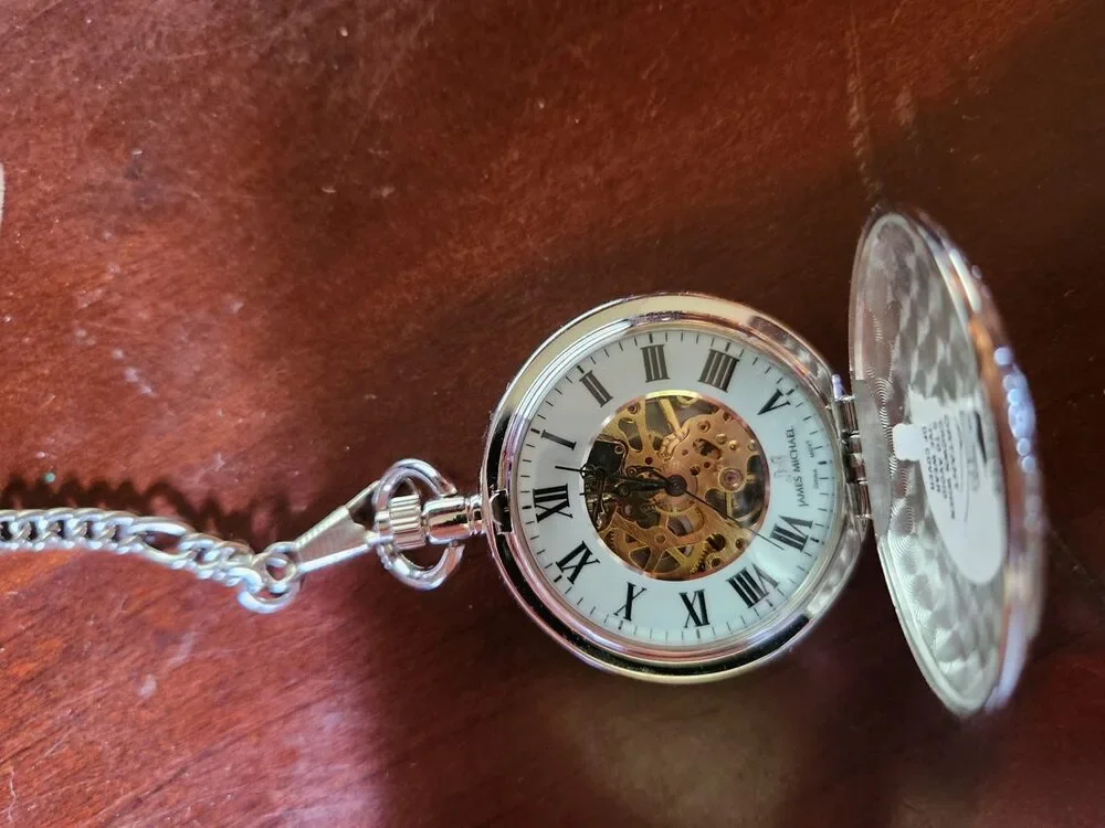James Michael Skeleton Pocket Watch Silver Tone Open Face Quartz